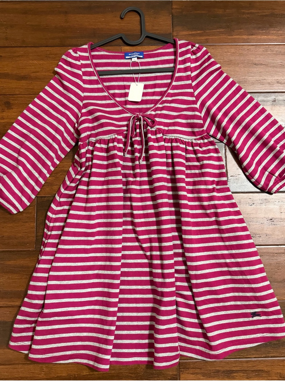 Burberry Pink and White Striped Knit Dress with Tie Front